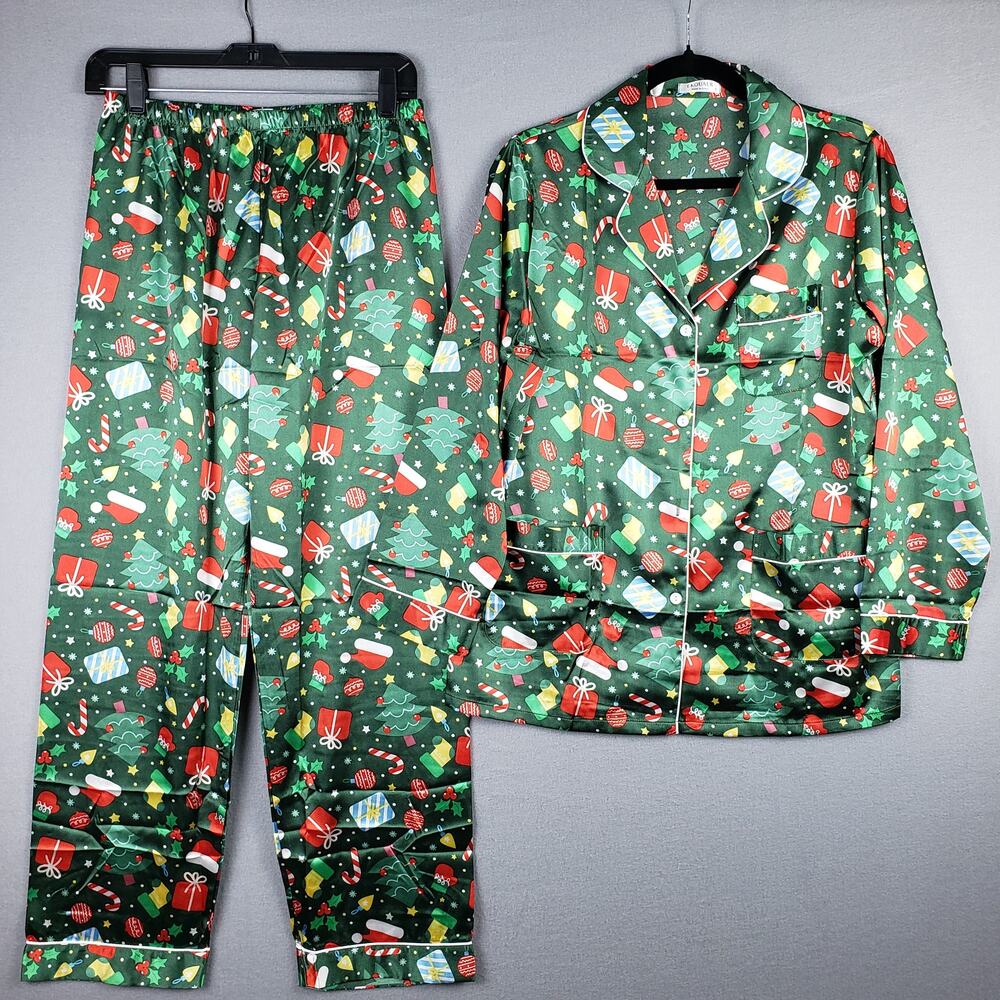 Ekouaer Size S Satin Christmas Pajama Set‎ Green Present Print Holiday Whimsical